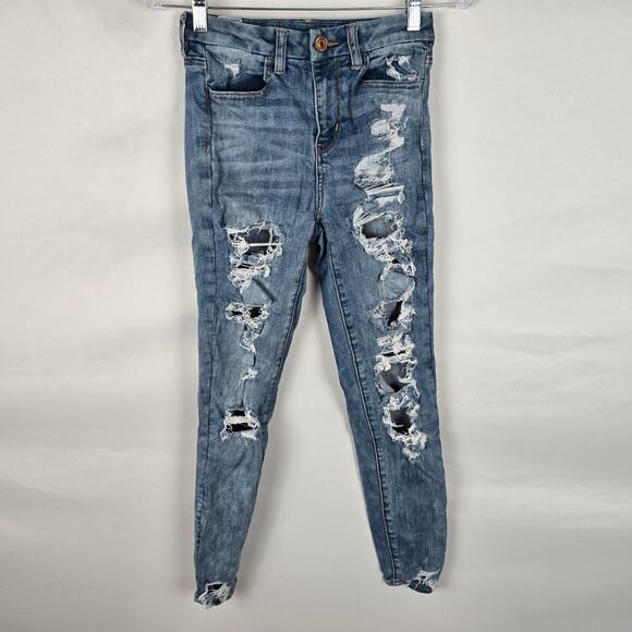 American Eagle Jeggings Women's 2 Regular Blue Next Level Stretch Distressed - Picture 1 of 16